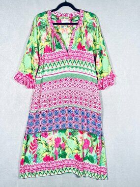 Lulalife Dress Womens S Pink Green Rayon Floral Maxi Colorful Resort